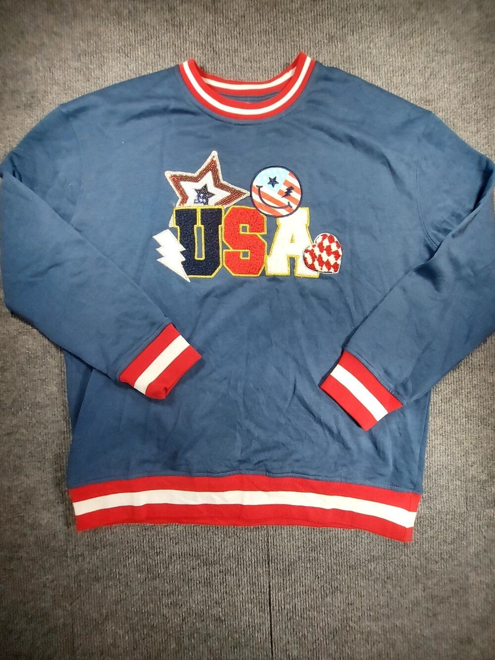 Simply Southern USA Navy Varsity Crew Womens Sweatshirt NWOT America Sequined